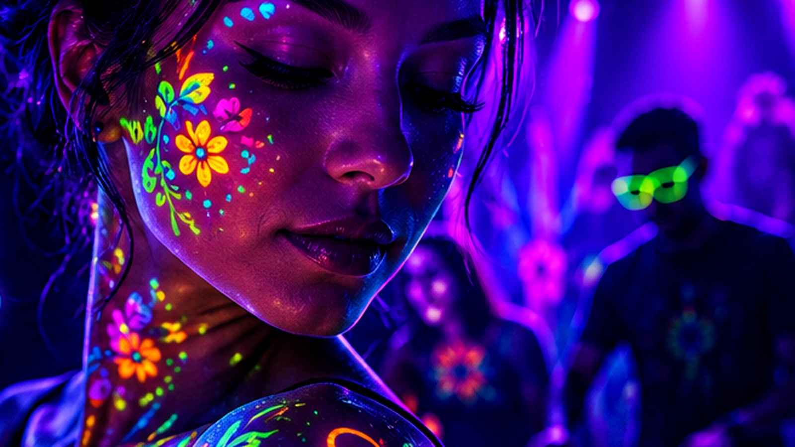 Blacklight party atmosphere with UV face paint and dance floor lighting