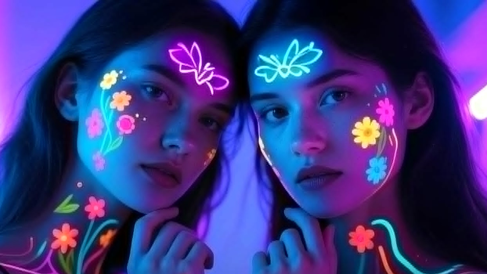 UV face paint glowing under blacklight