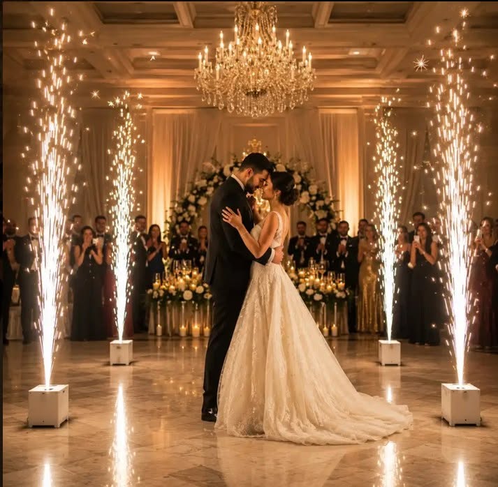 Newlyweds sharing a first dance surrounded by cold-spark effects